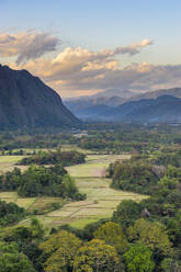 Mountainous landscape and farmland around Vang Vieng, Laos, Indochina, Southeast Asia, Asia - RHPLF24972