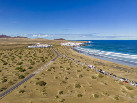 Aerial view of beach of Playa Famara, Caleta de Famara, Lanzarote, Las Palmas, Canary Islands, Spain, Atlantic, Europe - RHPLF25042