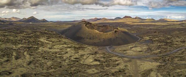 Aerial view of El Cuervo Volcano, Timanfaya National Park, Lanzarote, Las Palmas, Canary Islands, Spain, Atlantic, Europe - RHPLF25043