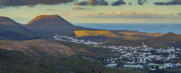 View of landscape, Volcano La Corona and Maguez at sunset, Maguez, Lanzarote, Las Palmas, Canary Islands, Spain, Atlantic, Europe - RHPLF25054