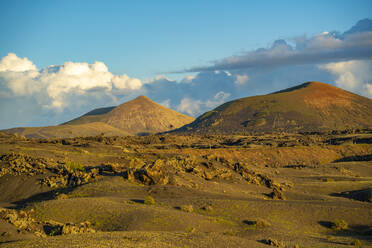 View of volcanic landscape in Timanfaya National Park at sunset, Lanzarote, Las Palmas, Canary Islands, Spain, Atlantic, Europe - RHPLF25071