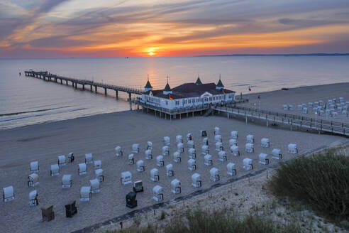 Pier and beach chairs on the beach of Ahlbeck, Usedom Island, Baltic Sea, Mecklenburg-Western Pomerania, Germany, Europe - RHPLF25086