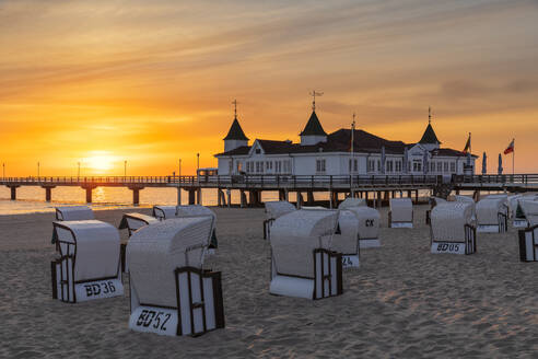 Pier and beach chairs on the beach of Ahlbeck, Usedom Island, Baltic Sea, Mecklenburg-Western Pomerania, Germany, Europe - RHPLF25105