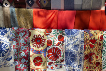 Textiles for Sale, Ichon Qala, UNESCO World Heritage Site, Khiva, Uzbekistan, Central Asia, Asia - RHPLF25202