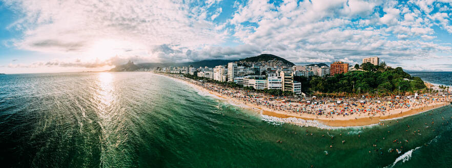 Aerial drone panorama of Ipanema beach, Rio de Janeiro, Brazil, South America - RHPLF25259