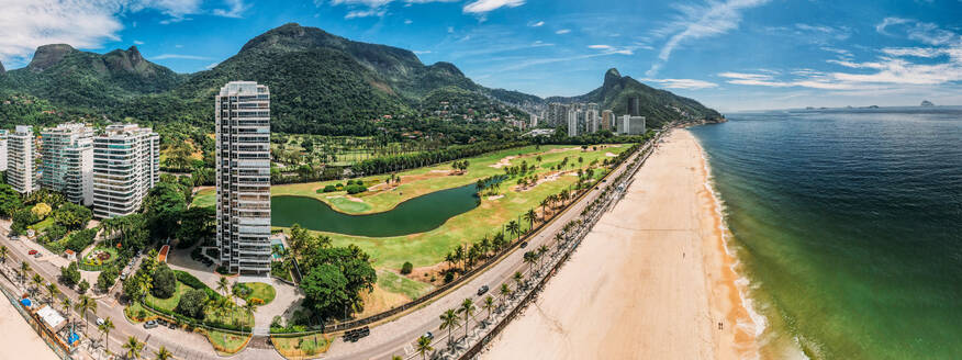 Aerial panoramic view of Gavea Beach in Sao Conrado, an upper-class neighbourhood in the west of Rio, Rio de Janeiro, Brazil, South America - RHPLF25262