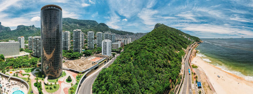 Aerial panoramic view of Sao Conrado neighbourhood with iconic Hotel Nacional on the left designed by Oscar Niemeyer, Rio de Janeiro, Brazil, South America - RHPLF25263