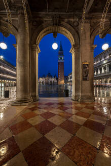 St. Mark's Square at blue hour with the Campanile bell tower viewed through arches, San Marco, Venice, UNESCO World Heritage Site, Veneto, Italy, Europe - RHPLF25276