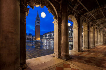 St. Mark's Square at night with the Campanile bell tower viewed through arches, San Marco, Venice, UNESCO World Heritage Site, Veneto, Italy, Europe - RHPLF25278