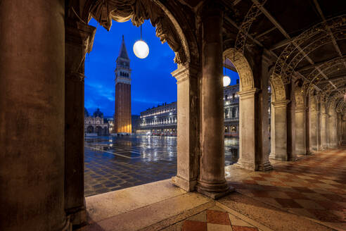 St. Mark's Square at night with the Campanile bell tower viewed through arches, San Marco, Venice, UNESCO World Heritage Site, Veneto, Italy, Europe - RHPLF25278