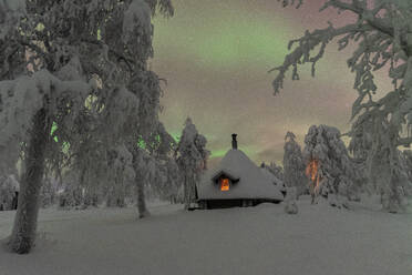 Typical wooden illuminated hut under the Northern Lights (Aurora Borealis) in the frosty forest with trees covered with snow, Pallas-Yllastunturi National Park, Muonio, Lapland, Finland, Europe - RHPLF25321