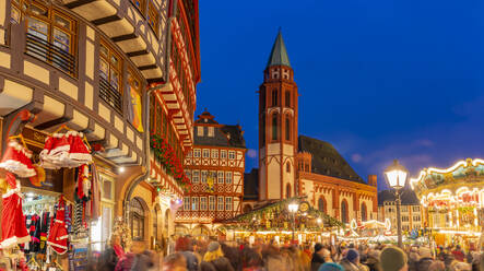 View of Christmas Market on Roemerberg Square at dusk, Frankfurt am Main, Hesse, Germany, Europe - RHPLF25361