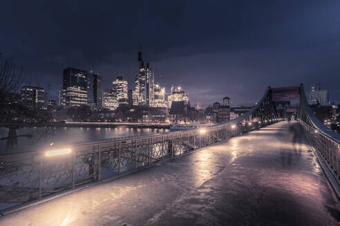 View of Eiserner Steg Bridge and Main River to the skyline at dawn, Frankfurt am Main, Hesse, Germany, Europe - RHPLF25363