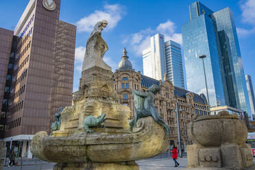 View of financial district skyline, Marchenbrunnen fountain and the Euro Sculpture, Willy Brandt Platz, Frankfurt am Main, Hesse, Germany, Europe - RHPLF25380