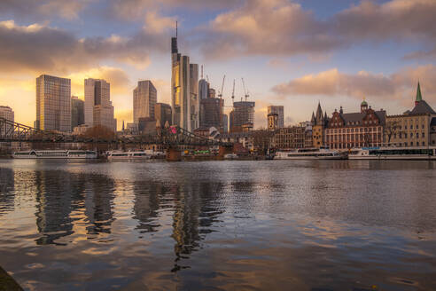 View of city skyline and River Main at sunset, Frankfurt am Main, Hesse, Germany, Europe - RHPLF25382