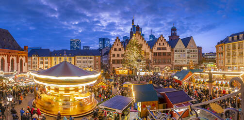 View of Christmas Market on Roemerberg Square from elevated position at dusk, Frankfurt am Main, Hesse, Germany, Europe - RHPLF25384