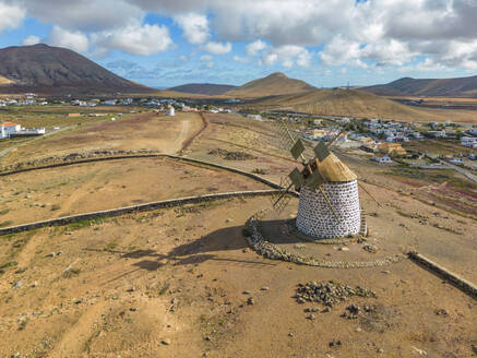 Aerial view of windmill and surrounding landscape, Fuerteventura, Canary Islands, Spain, Atlantic, Europe - RHPLF25395