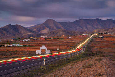 View of road, trail lights and landscape near Antigua, Antigua, Fuerteventura, Canary Islands, Spain, Atlantic, Europe - RHPLF25415