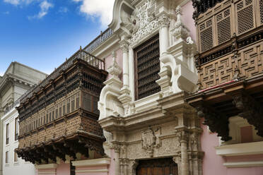 Facade and balconies, Archbishop's Palace, Lima, Peru, South America - RHPLF25424