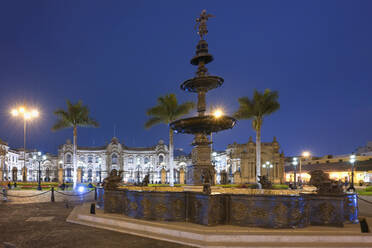 Plaza de Armas and Government Palace at night, Lima, Peru, South America - RHPLF25425