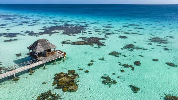 Aerial of sundeck over the lagoon of Fakarava, Tuamotu archipelago, French Polynesia, South Pacific, Pacific - RHPLF25438