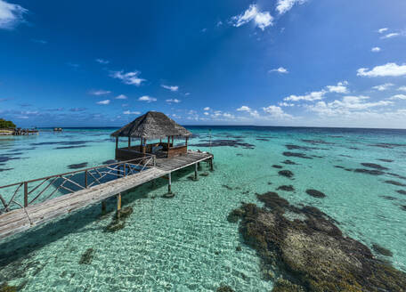 Aerial of sundeck over the lagoon of Fakarava, Tuamotu archipelago, French Polynesia, South Pacific, Pacific - RHPLF25440