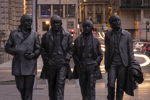 The Beatles Statue at the Pier Head, Liverpool Waterfront, Liverpool, Merseyside, England, United Kingdom, Europe - RHPLF25443