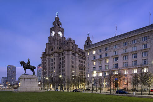 The Liver Building and Pier Head at night, Liverpool Waterfront, Liverpool, Merseyside, England, United Kingdom, Europe - RHPLF25459