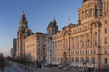 The Royal Liver Building, The Cunard Building and The Port of Liverpool Building (The Three Graces), Pier Head, Liverpool, Merseyside, England, United Kingdom, Europe - RHPLF25471