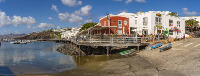 View of restaurant overlooking harbour, Puerto del Carmen, Lanzarote, Las Palmas, Canary Islands, Spain, Atlantic, Europe - RHPLF25493