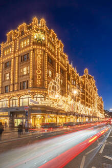 View of Harrods department store illuminated at dusk, Knightsbridge, London, England, United Kingdom, Europe - RHPLF25516
