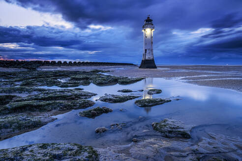 Perch Rock Lighthouse and the sands of New Brighton at twilight, New Brighton, The Wirral, Merseyside, England, United Kingdom, Europe - RHPLF25529