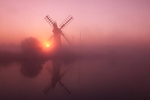 Winter sunrise, Thurne Mill, Norfolk Broads, Norfolk, England, United Kingdom, Europe - RHPLF25552