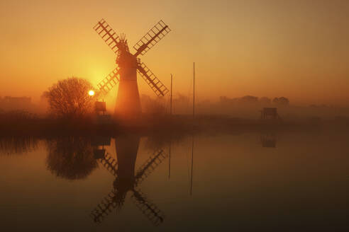 Winter sunrise over Thurne Mill, Norfolk Broads, Norfolk, England, United Kingdom, Europe - RHPLF25553