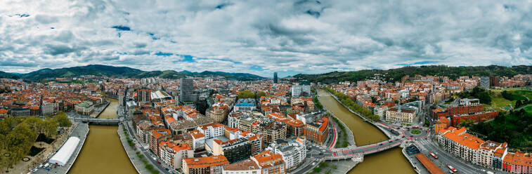 Aerial drone panoramic view of Bilbao, population 345000, Basque Country, northern Spain, Europe - RHPLF25648