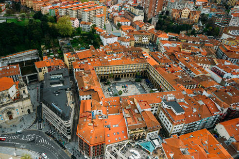 Aerial drone view of Plaza Nueva in Bilbao, Basque Country, Spain, Europe - RHPLF25649