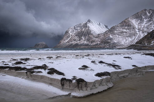 Hauklandstranda Beach and the headland island of Taa in winter, Vestvagoya Island, Lofoten Islands, Norway, Scandinavia, Europe - RHPLF25674