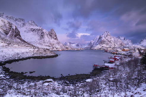 The fishing village of Reine at dawn in winter, Moskenes Municipality, Nordland County, Lofoten Islands, Norway, Scandinavia, Europe - RHPLF25677