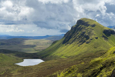 Cleat Rock and Loch Cleat at sunset, Quiraing, Trotternish, Isle of Skye, Inner Hebrides, Scottish Highlands, Scotland, United Kingdom, Europe - RHPLF25692