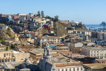 Scenic view of Valparaiso and tower of Armada building from Paseo Yugoslavo, Valparaiso, Valparaiso Province, Valparaiso Region, Chile, South America - RHPLF25713