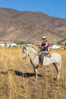 Traditionally dressed huaso riding horse on field, Colina, Chacabuco Province, Santiago Metropolitan Region, Chile, South America - RHPLF25728