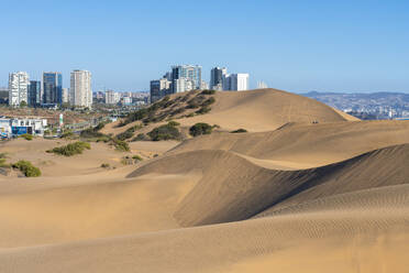 Sand dunes and residential high-rise buildings, Concon, Valparaiso Province, Valparaiso Region, Chile, South America - RHPLF25851