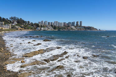 Bahamas beach and highrise buildings in background, Concon, Valparaiso Province, Valparaiso Region, Chile, South America - RHPLF25859