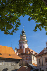 State Castle and Chateau Cesky Krumlov tower and blue sky, UNESCO World Heritage Site, Cesky Krumlov, South Bohemian Region, Czech Republic (Czechia), Europe - RHPLF25989