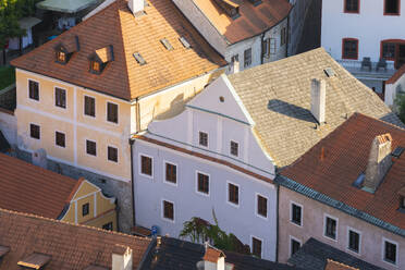 High angle view of houses in historical center of Cesky Krumlov, UNESCO World Heritage Site, Cesky Krumlov, Czech Republic (Czechia), Europe - RHPLF25991
