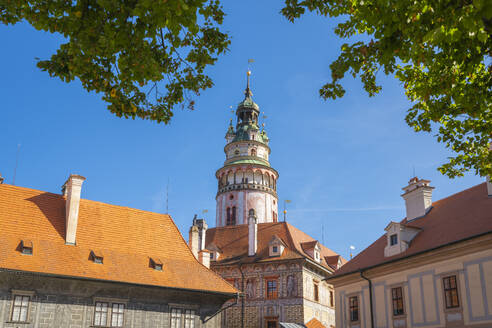 State Castle and Chateau Cesky Krumlov tower amidst blue sky, UNESCO World Heritage Site, Cesky Krumlov, South Bohemian Region, Czech Republic (Czechia), Europe - RHPLF25992