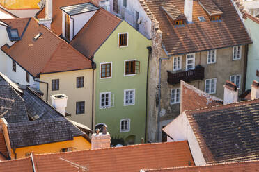 High angle view of houses in historical center of Cesky Krumlov, UNESCO World Heritage Site, Cesky Krumlov, Czech Republic (Czechia), Europe - RHPLF25997