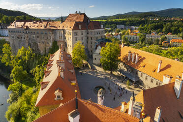 High angle view of grounds of State Castle and Chateau Cesky Krumlov, UNESCO World Heritage Site, Cesky Krumlov, South Bohemian Region, Czech Republic (Czechia), Europe - RHPLF26004