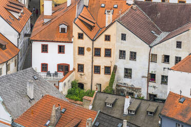 High angle view of houses in historical center of Cesky Krumlov, UNESCO World Heritage Site, Cesky Krumlov, Czech Republic (Czechia), Europe - RHPLF26007