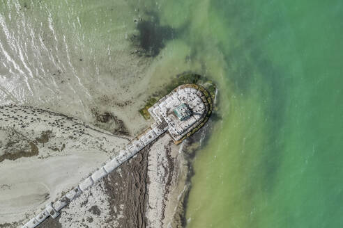 Aerial view of Punta Escolleras pier with breakwaters along the coastline, Rio Lagartos natural park, Yucatan, Mexico. - AAEF18302